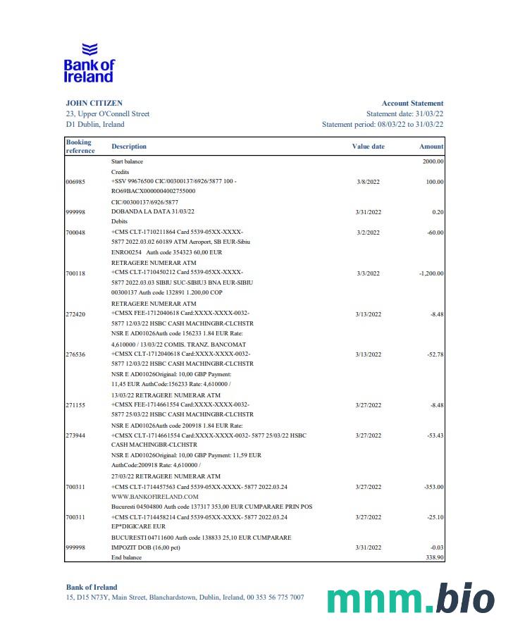 Szablon wyciągu bankowego Ireland Bank of Ireland, format Word i PDF, 2 strony